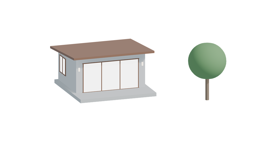The final shaded model: a grey lodge with a brown roof and a round green tree.