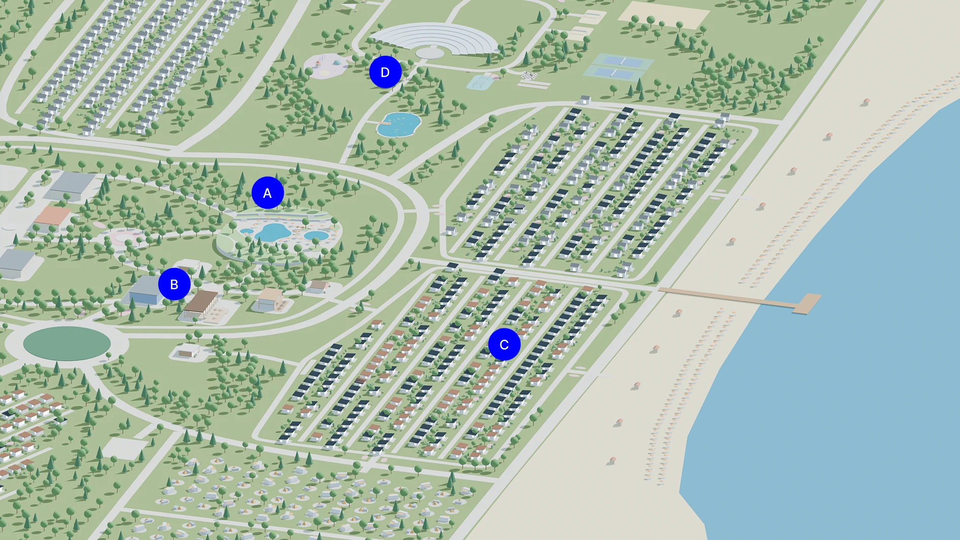 Site plan render of the holiday village, with zones A to D marked