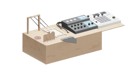 3D render of the Foley-Bus cart with the mixer and sampler set up on the open side table
