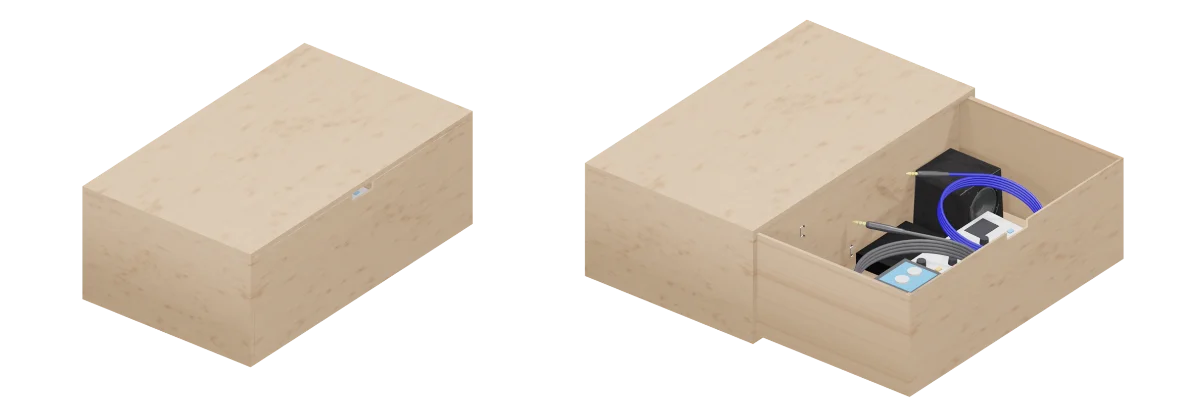 3D renders of the storage box, closed and open with the gear packed inside