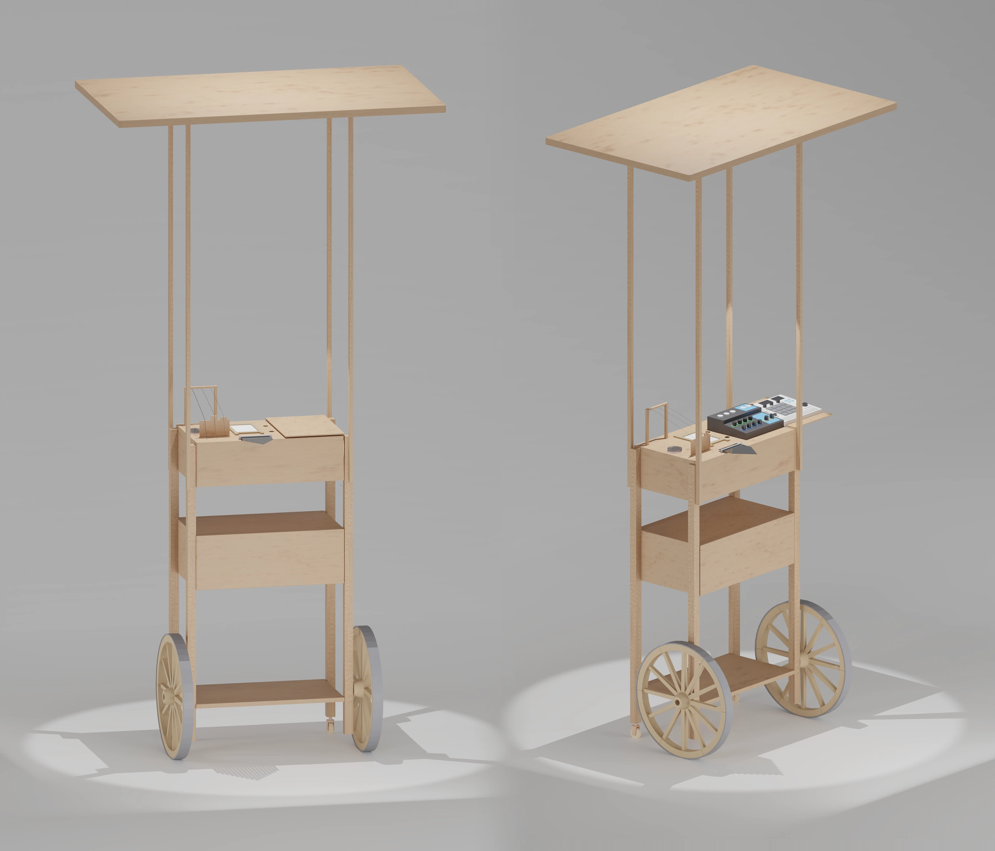Two views of the Foley-Bus cart: closed, on the left, and with the flap open and the mixer and sampler set out to play, on the right.