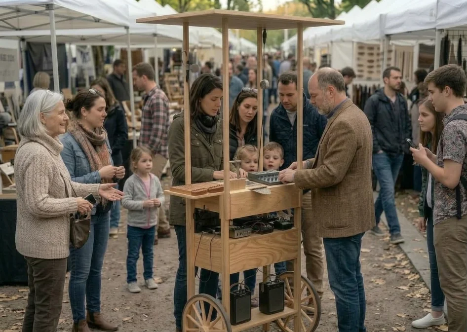AI-generated scene: visitors of all ages gather around the Foley-Bus cart and try its sound-making objects