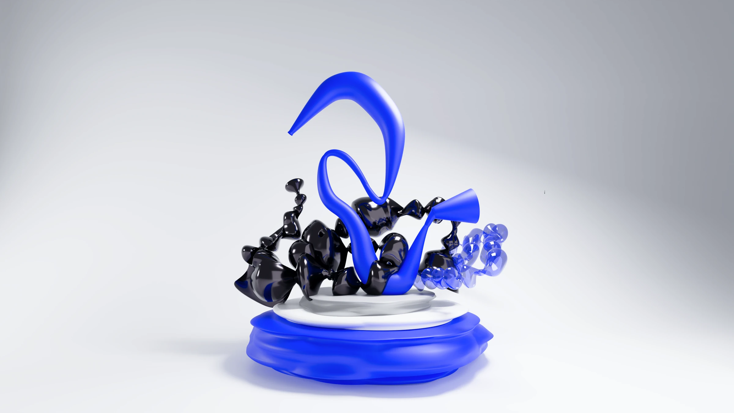 Abstract 3D sculpture in blue and black on a pedestal