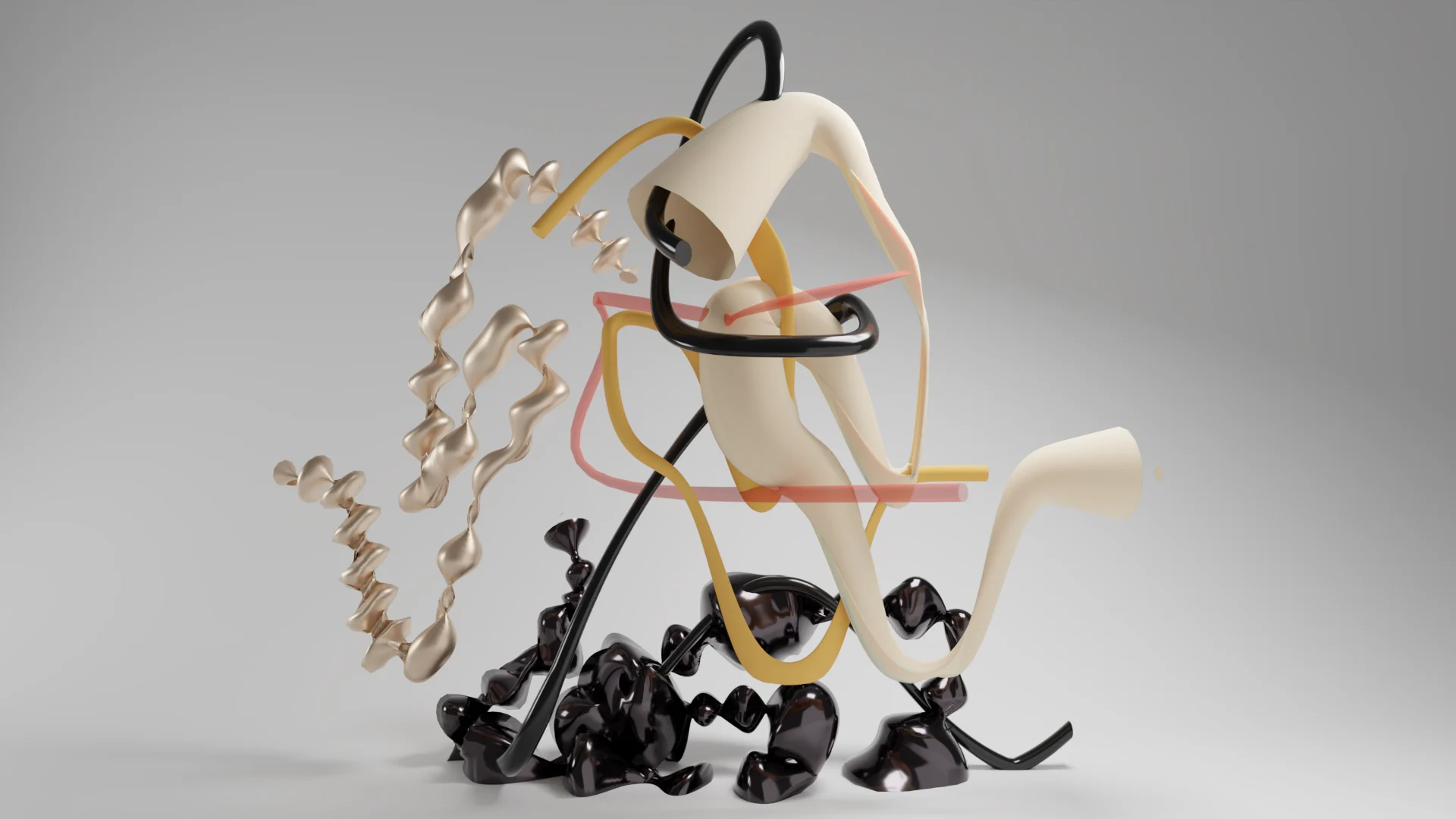 Abstract sculpture of cream, gold and black tubes over glossy black forms, 3D render