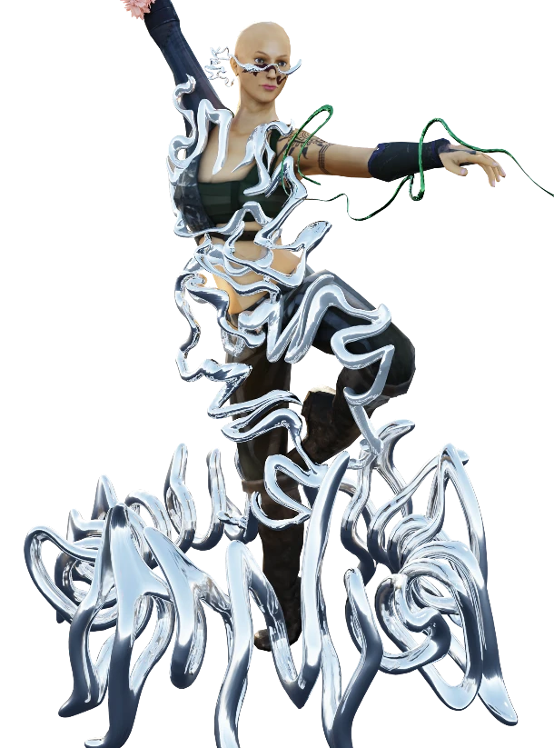 Wearable sculpture: chrome ribbons wrapped around a posing figure
