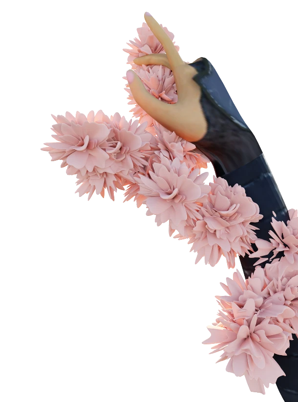 Wearable sculpture: pink flower clusters growing along an arm