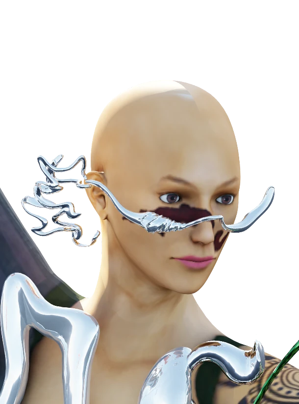 Wearable sculpture: chrome glasses curling around a figure's face