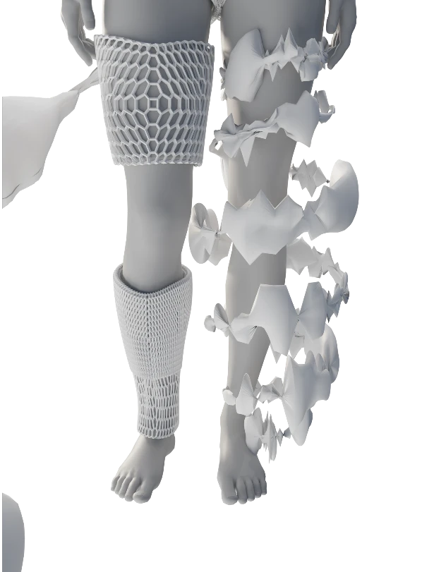 Wearable sculptures for the legs: a tessellated mesh sleeve and ruffled forms